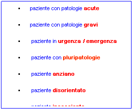 Casella di testo: • paziente con patologie acute
• paziente con patologie gravi
• paziente in urgenza / emergenza
• paziente con pluripatologie
• paziente anziano
• paziente disorientato
• paziente incosciente
• paziente non autonomo
• paziente di altra nazionalità
• paziente con basso livello culturale
• ecc.